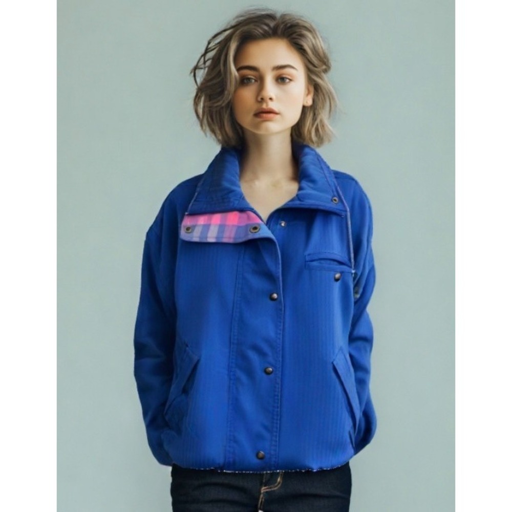 80s IZOD Club Bomber Jacket Madras Plaid Zip Snap Long Sleeve Blue Size Medium